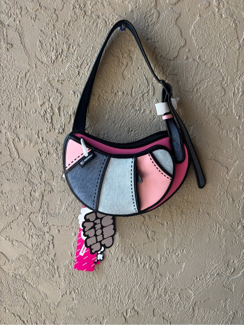 Patchwork Pink Semi-Circle Shoulder Bag with Contrast Panels